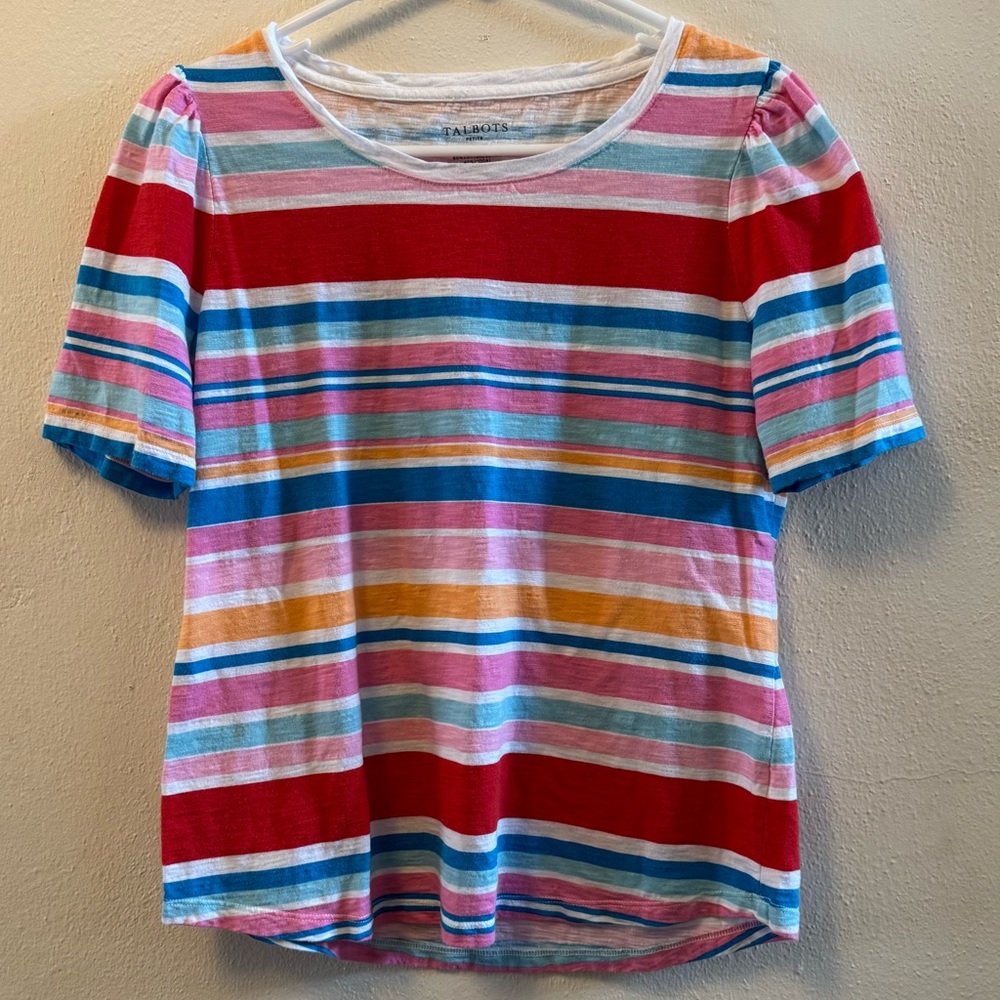 Talbots Striped Short Puff Sleeve Tee Pink Red Blue Multi Size MP